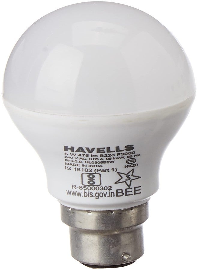 Havells 5W LED B22 Cool Day Light Bulb|Energy Efficient|Ultra Durable|Premium Design|BIS Approved|Upto 4KV Surge Protection Upto 4KV|Made in India|Pack of 1 - Image 1